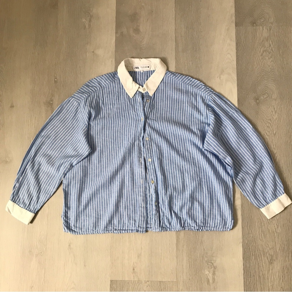 ZARA BUTTON SHIRT BLUE STRIPED BIXY CROP LONG SLEEVE WOMENS SMALL